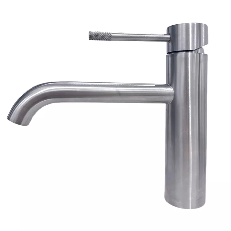 Rubinetto per lavabo caldo e freddo manico zigrinato a beccuccio curvo esteso